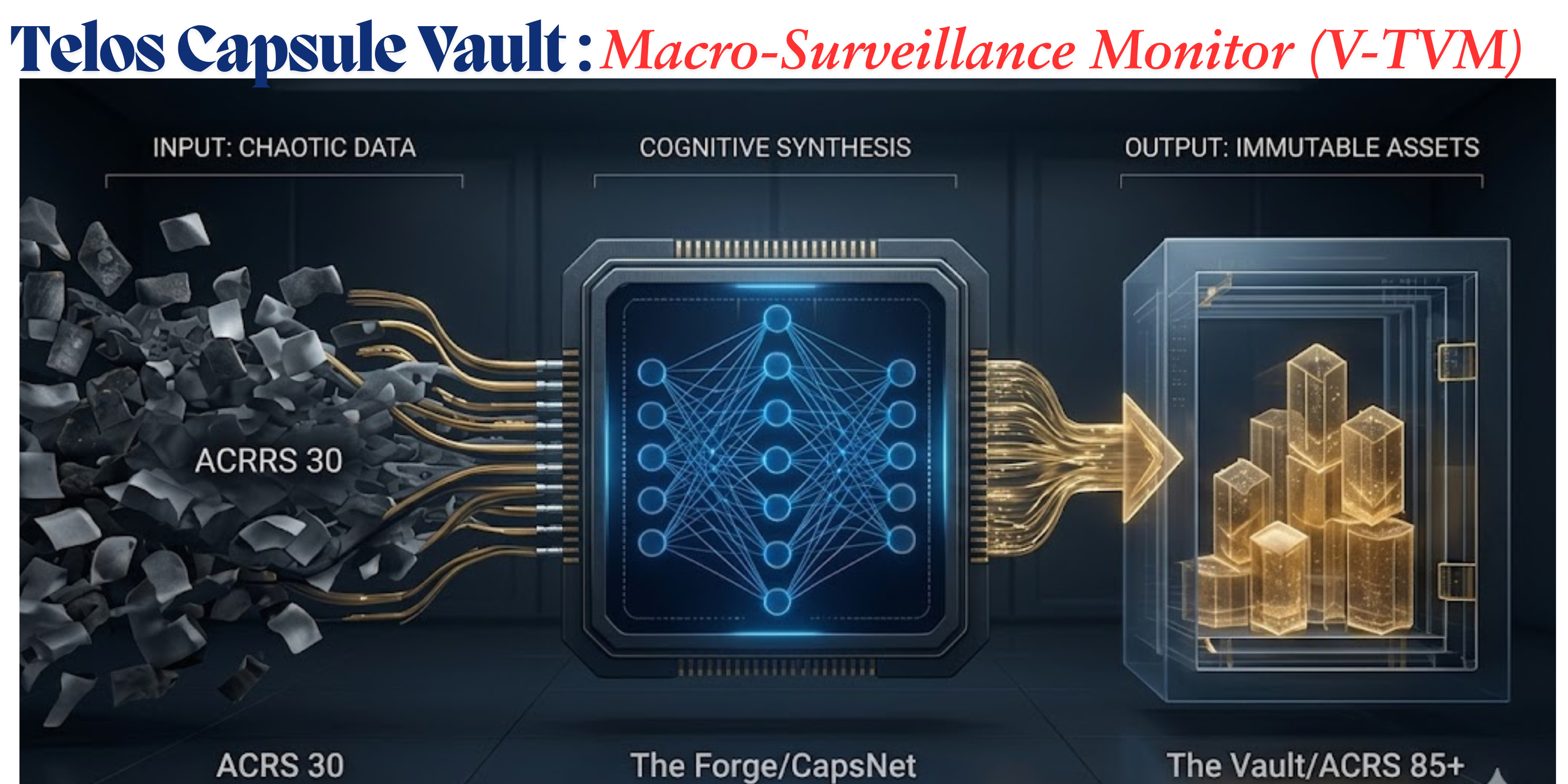 Telos Capsule Vault: three-stage architecture — chaotic data input, cognitive synthesis via CapsNet, output as immutable vault assets